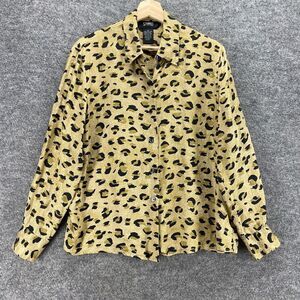 Studio Shirt Women M Medium Beige Animal Print Button Up Collared Silk Casual